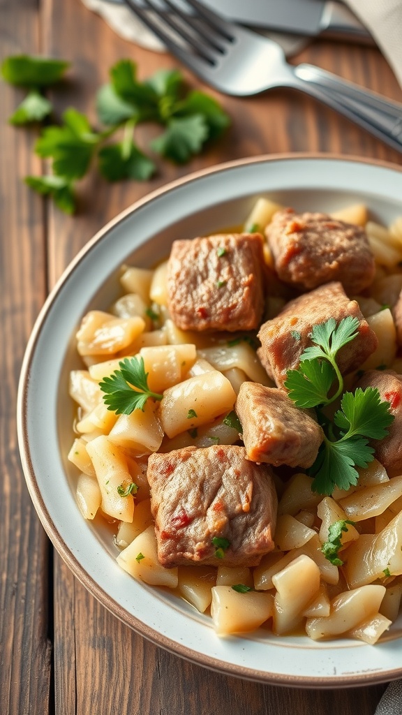 Tender pork and sauerkraut on a plate, garnished with parsley, served on a rustic table.